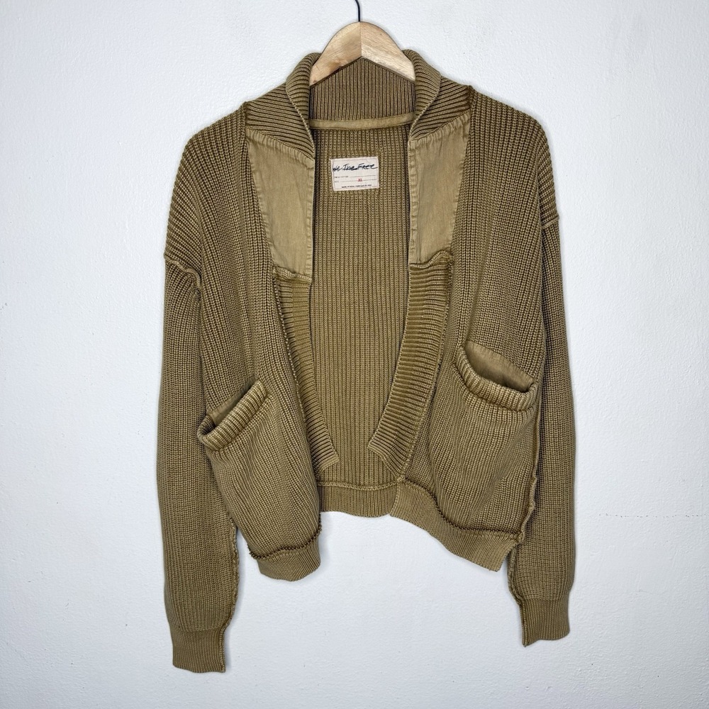 We The Free People Worn Thru Surplus Knit Cardi Brown Cardigan Women's XL